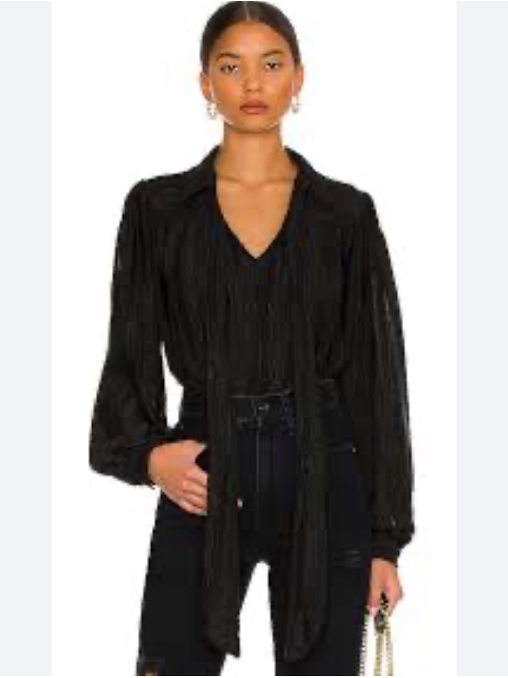 Line & Dot Black V-Neck Tie-Waist Blouse